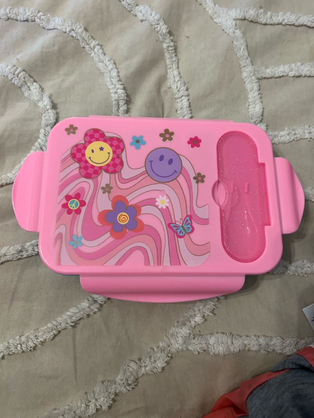 Children's Pink Floral Smiley Toy Lunch Box with Glitter Cutlery Compartment
